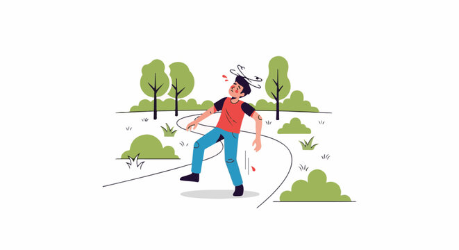 A dizzy individual stumbles along a path with trees and bushes