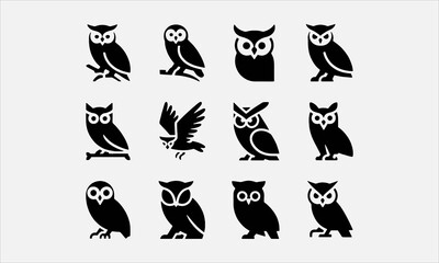 Fototapeta premium Owl Silhouette Vector Set Nocturnal Bird Icons Collection