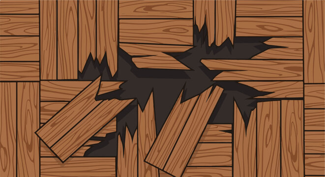 Cracked wooden floor with missing planks creating a dark void