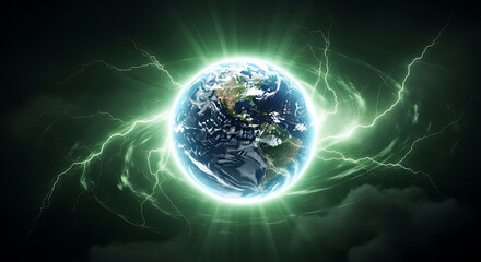 Obraz premium Earth Surrounded by Green Lightning and Energy Swirls planet world