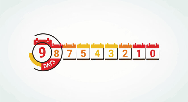 Countdown graphic with calendar blocks showing numbers 9 down to 0 and "DAYS