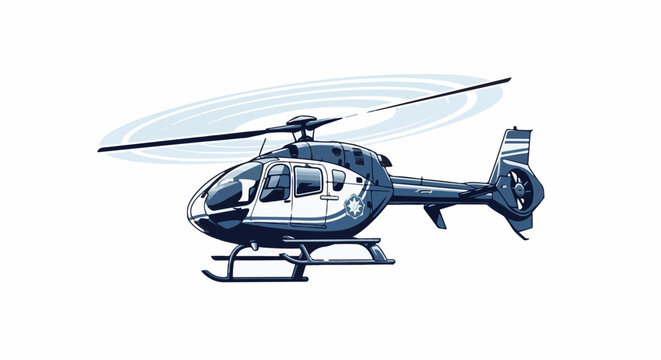 A blue and white helicopter with rotor blades spins in the air