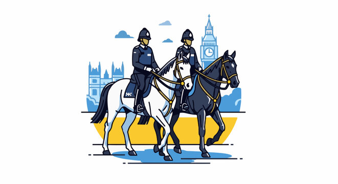 Mounted police officers on horseback in front of iconic London landmarks