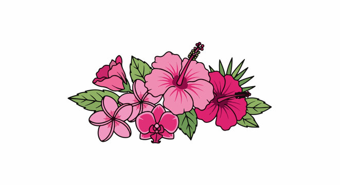 A vibrant tropical floral arrangement with pink hibiscus, plumeria, and orchids