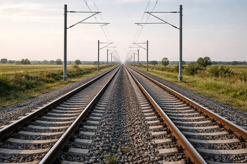 Obraz premium Modern railway tracks with electric lines perspective, infrastructure and transportation concept