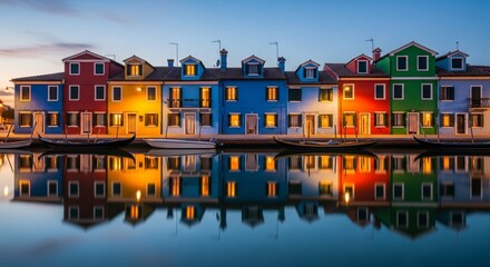 Naklejka premium Photorealistic Vibrant Colorful Houses Along a Peaceful Canal at Evening