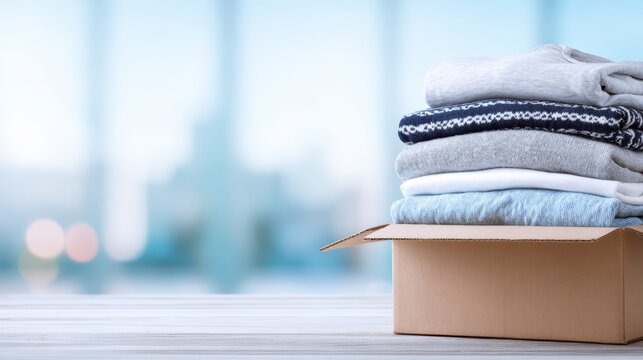 Clean Laundry Subscription Service With a Subscription Box and Folded Clothes on a Light Background