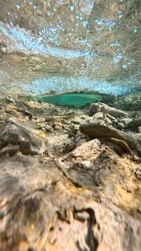 Transparent fast flowing river, underwater view