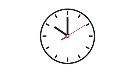 Fototapeta premium Simple analog wall clock with black numbers and hands and a red second hand showing exactly ten minutes past ten oclock.