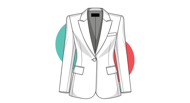 Elegant white women blazer jacket with a single button and lapels against a colorful abstract circle background.