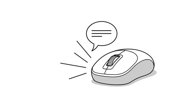 Computer mouse illustration with a speech bubble icon representing online communication, interaction, and customer support services.