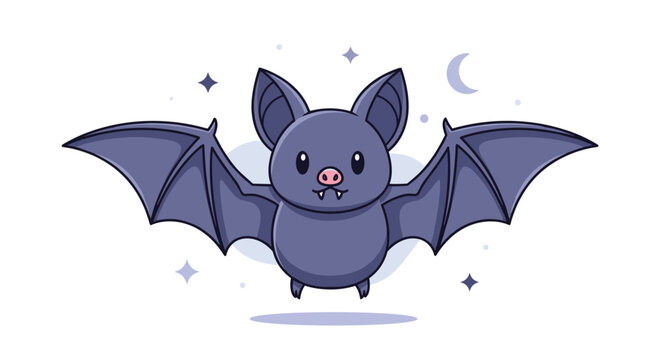 Cute cartoon bat flying in a starry night sky with a crescent moon creates a magical and friendly scene for kids and holiday festivities.