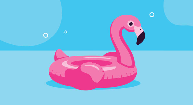 Fun pink flamingo inflatable pool float floating on bright blue water with bubbles, representing summer pool parties and vacations.