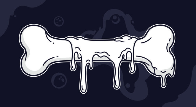 Stylized illustration of a white bone covered in thick white melting slime or goo against a dark purple background with bubbles.