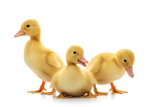 Three fluffy yellow ducklings standing together on a white background with ducklings adorable wildlife outdoors standing together isolated innocent domestic
