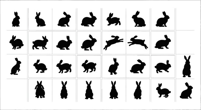 Collection of diverse black rabbit silhouettes in various poses and actions isolated on a clean white background ideal for easter and spring themed designs