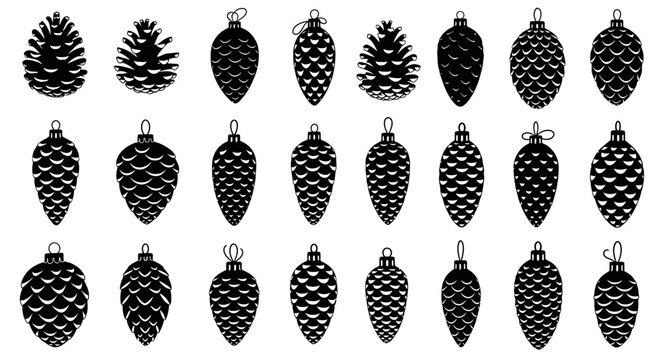 Black and white pinecone christmas ornaments set hanging decorations holiday symbols festive icons isolated on white background
