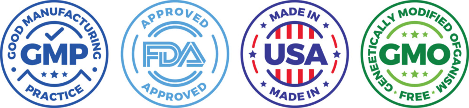 Set of Four Certification Badges: GMP, FDA Approved, Made in USA, and GMO Free Vector Icons