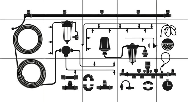 Detailed illustration of a drip irrigation system setup with various components including hoses filters connectors and emitters presented in a clean minimalist black and white