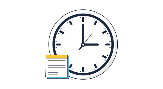 Wall clock showing three oclock with a blank lined yellow memo note stuck to its bottom corner for appointment reminders and task management.