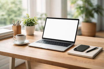 Fototapeta premium Modern Remote Work Setup with Laptop Coffee and Minimal Workspace