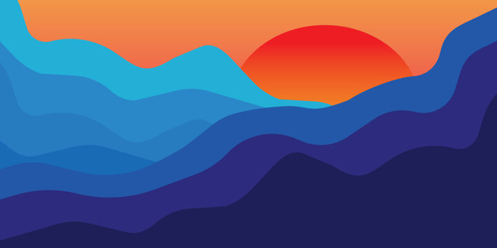 Mountains, hills, sun and skyline packaging design, fabric, and print. Vector illustration, image cross processed vintage effect.