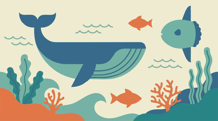 Minimalist vector illustration of ocean life with whale, sunfish, and reef © Glypho