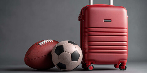 A vibrant red hard-shell suitcase stands next to an American football and a classic soccer ball against a neutral gray studio background, representing sports travel, athletic fan tourism, and away gam