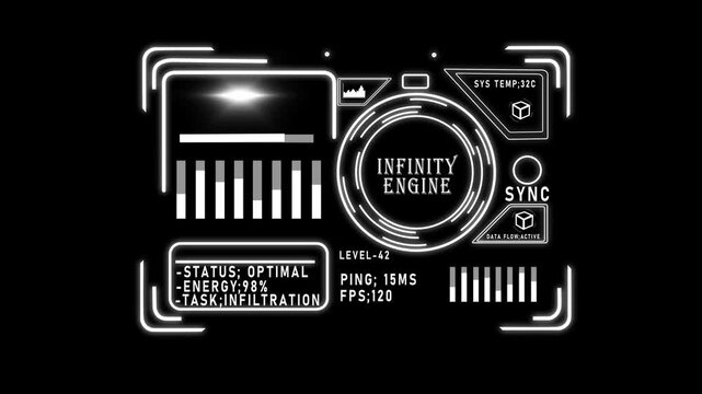 Futuristic hud infinity engine interface overlay with digital data analytics 4k heads-up display