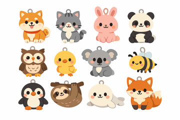 Fototapeta premium Kawaii Animal Charm Vector Set Featuring Cute Shiba Inu, Cat, Rabbit, Panda, Owl, Chick, Koala, Bee, Penguin, Sloth, Seal, and Fox Characters for Crafting, Jewelry Design, Stickers, and Apps.