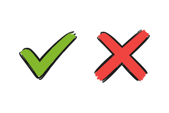 Hand drawn green checkmark and red cross icon set. Sketchy tick mark and cross symbols for vote, checklist, and decision making. Vector illustration of correct and incorrect signs on white.