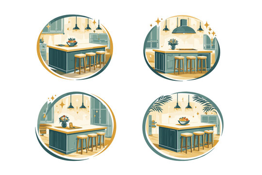 Luxury kitchen island icon set featuring custom-built home interior designs with elegant bar stools, pendant lighting, and modern cabinetry in a sophisticated flat vector illustration style.