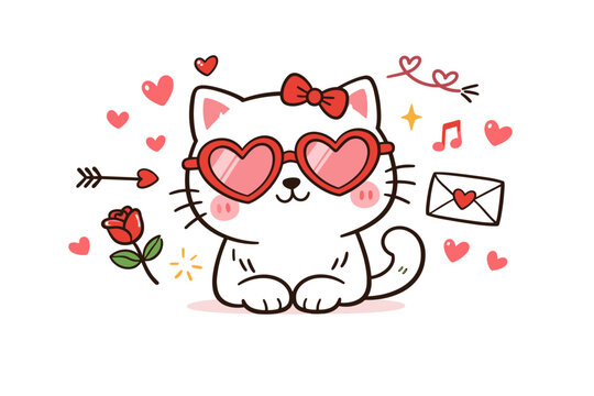 Cute Hand Drawn White Cat Doodle Wearing Heart Shaped Sunglasses for Valentine's Day, Romantic Kitten Illustration with Rose, Love Letter, Hearts, and Arrow, Kawaii Pet Vector Graphic Design