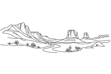 Naklejka premium Minimalist One Line Drawing of Monument Valley Desert Landscape with Rocky Mountains, Mesas, Buttes, Cacti, and a Winding Road in the American Southwest, Wild West Nature Scenery Vector Illustration.