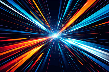 Abstract Vector Background with Dynamic 3D Lines in Motion, Creating an Optical Illusion of High Speed, Warp Drive, and Energy Burst  Vibrant Blue, Orange, and Red Light Trails in Deep Space. © Usman