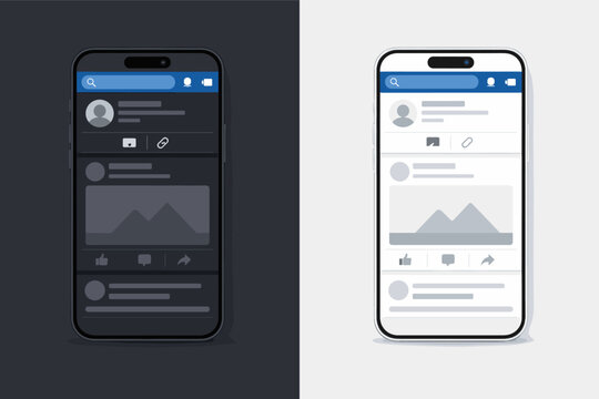 Professional Social Media App Interface Template on iPhone 16 Mockup Featuring Light and Dark Mode UI Design for Networking Platform Profile Feed and Post Layout Vector Illustration