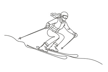 Obraz premium Minimalist continuous line drawing of a female skier downhill skiing. Vector illustration of a woman athlete in winter sports gear with skis and poles, perfect for modern sports branding.