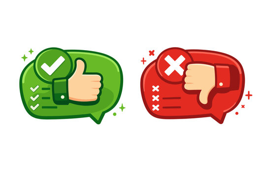 Pros and Cons Vector Illustration with Thumbs Up and Thumbs Down Hand Gestures in Green and Red Speech Bubbles. Perfect for Comparison, Feedback, Reviews, Surveys, and Decision Making Graphics.