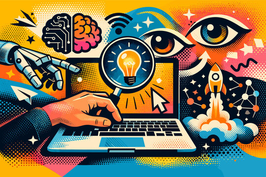 Artificial Intelligence Enabled Internet Search Concept in a Trendy Halftone Collage. Finding Creative Solutions with AI Technology, Robotics, Innovation, Vision, and Digital Transformation.
