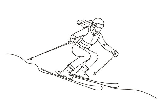 Minimalist continuous line drawing of a female skier downhill skiing. Vector illustration of a woman athlete in winter sports gear with skis and poles, perfect for modern sports branding.