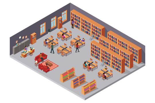 Isometric of Interior of Library Vector Illustration