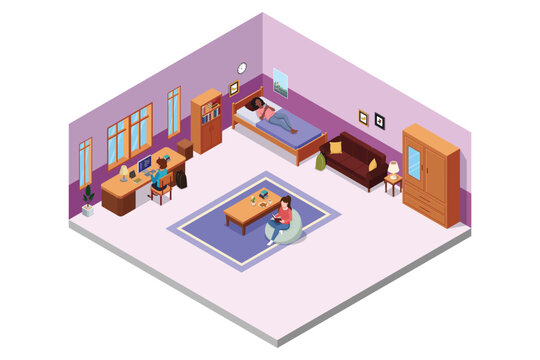Isometric of Students in Dorm Room Vector Illustration