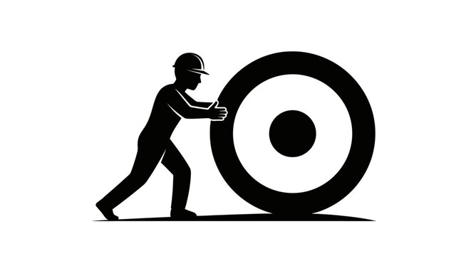 Businessman pushing wheel, effort concept, hard work icon, motivation symbol