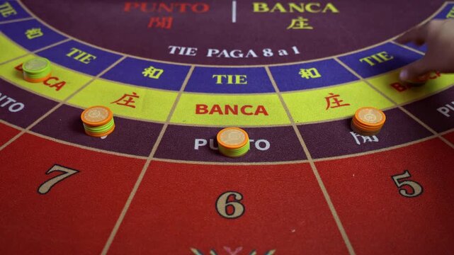 Close up baccarat table with chips on punto and banca areas highlighting gambling decision risk and betting strategy in casino environment