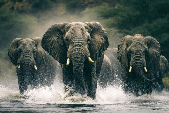 Three African elephants wade through a river, splashing water as they move, surrounded by lush vegetation and misty atmosphere in a natural habitat