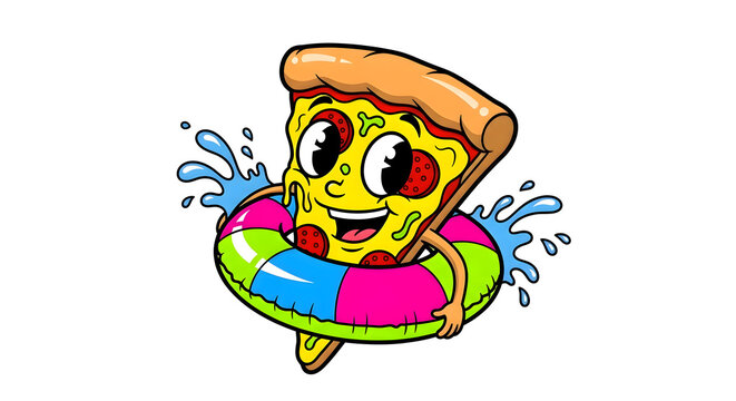 Cartoon pizza slice character on colorful inflatable swim ring