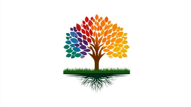 Colorful tree illustration with vibrant leaves and visible roots