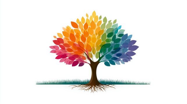 Colorful tree illustration with vibrant leaves and grassy base