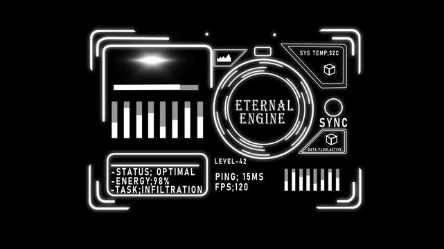 Futuristic hud interface overlay with eternal engine data and digital scanning metrics 4k