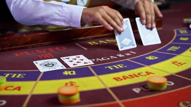 Close up baccarat table with dealer revealing cards and chips capturing gambling moment with focus on betting strategy risk and entertainment lifestyle